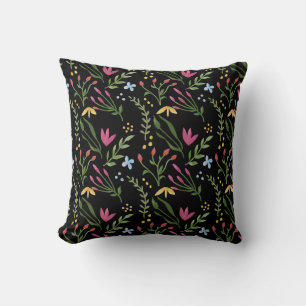 Watercolor Wildflower Black Botanical Floral Cushion