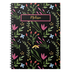 Watercolor Wildflower Black Botanical Floral Notebook