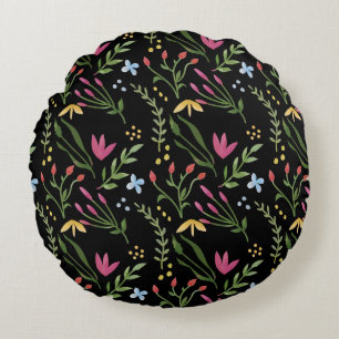 Watercolor Wildflower Black Botanical Floral Round Cushion
