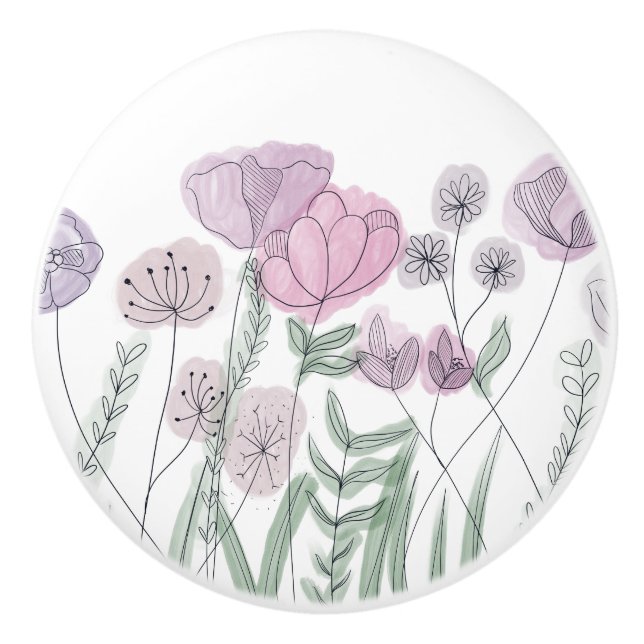 Watercolor Wildflower Blooms Ceramic Knob (Front)