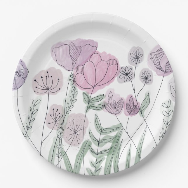Watercolor Wildflower Blooms Paper Plate (Front)