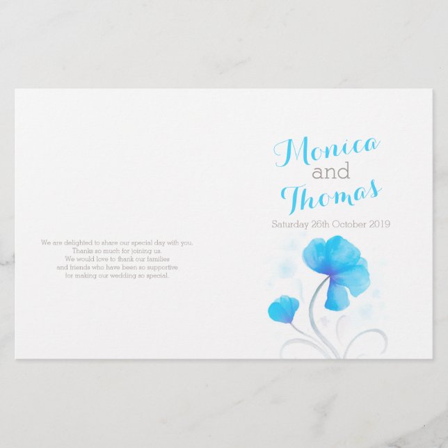 Watercolor wildflower blue grey wedding program (Front)