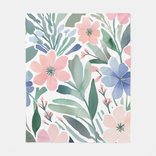 Watercolor Wildflower Boho Soft Pastel Spring  Fleece Blanket (Front)