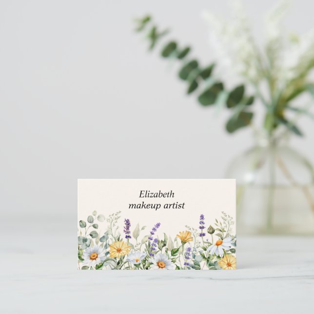 Watercolor  Wildflower  Border Makeup Artist Business Card (Standing Front)