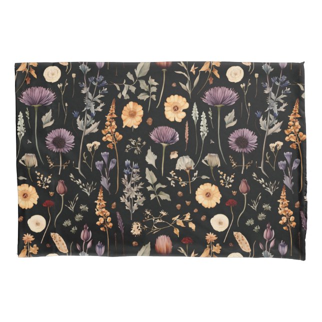Watercolor Wildflower Botanical Black Pillow Cases (Front)