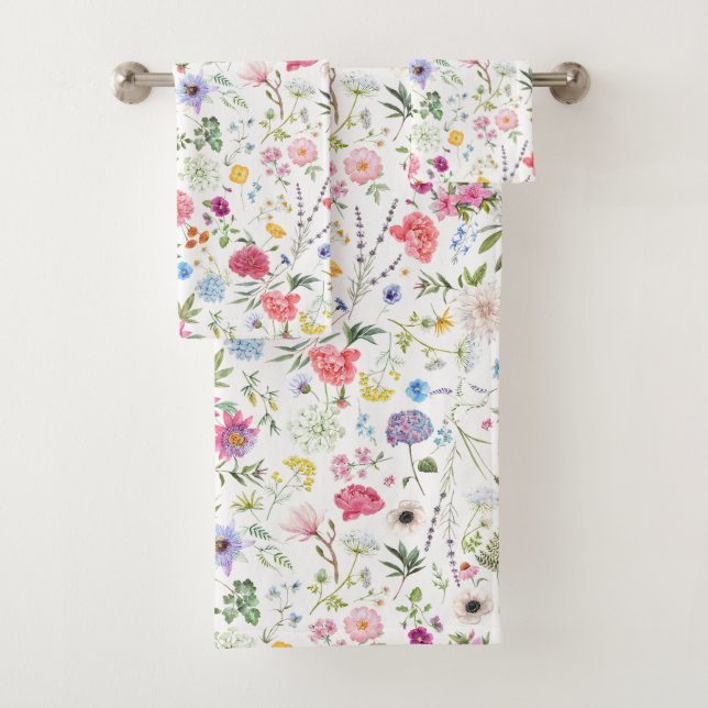 Watercolor Wildflower Botanical Garden Pattern Bath Towel Set (Insitu)