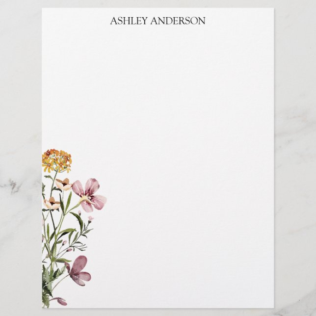 Watercolor Wildflower Bouquet #1 Personalised name Custom Letterhead (Front)