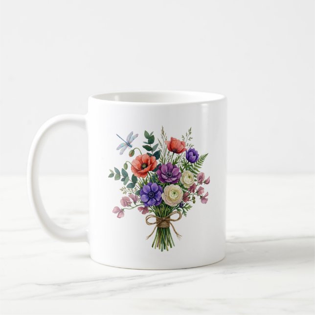 Watercolor Wildflower Bouquet Dragonfly Mug (Left)