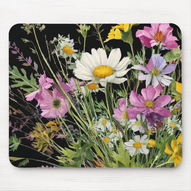 watercolor wildflower bouquet on black background mouse mat (Front)
