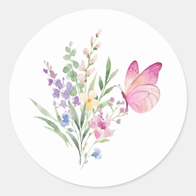 Watercolor Wildflower Bouquet with Pink Butterfly Classic Round Sticker (Front)