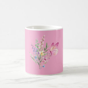 Watercolor Wildflower Bouquet with Pink Butterfly Coffee Mug