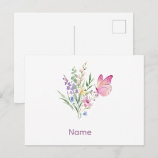 Watercolor Wildflower Bouquet with Pink Butterfly Postcard
