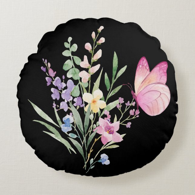 Watercolor Wildflower Bouquet with Pink Butterfly Round Cushion (Front)