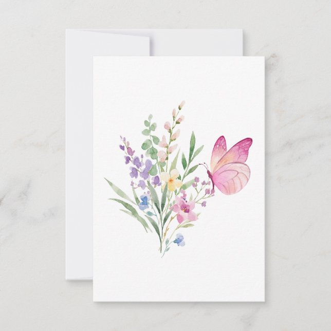Watercolor Wildflower Bouquet with Pink Butterfly Thank You Card (Front)
