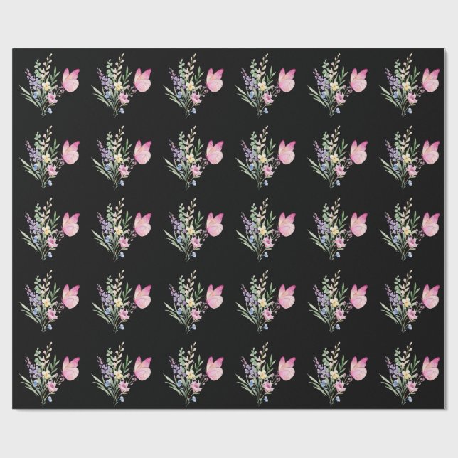 Watercolor Wildflower Bouquet with Pink Butterfly Wrapping Paper (Flat)