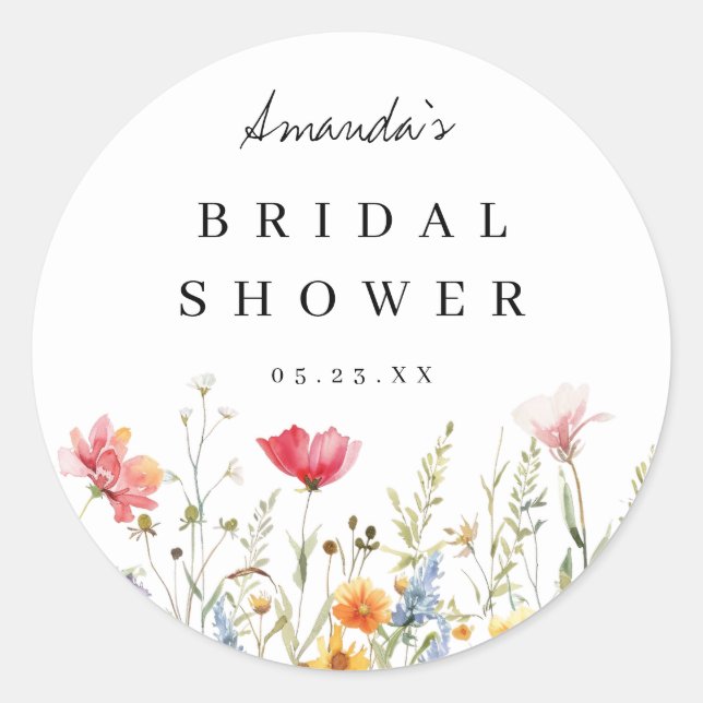 Watercolor Wildflower Bridal Shower Classic Round Sticker (Front)