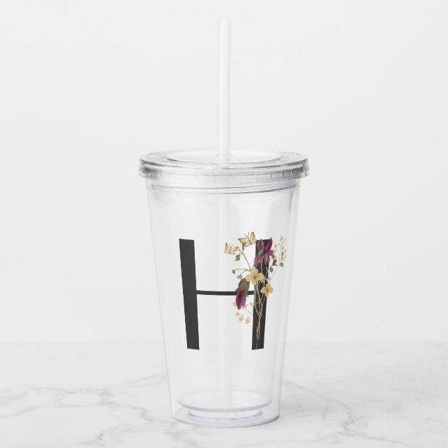 Watercolor Wildflower Bridesmaid Initial "H" Acrylic Tumbler (Front)