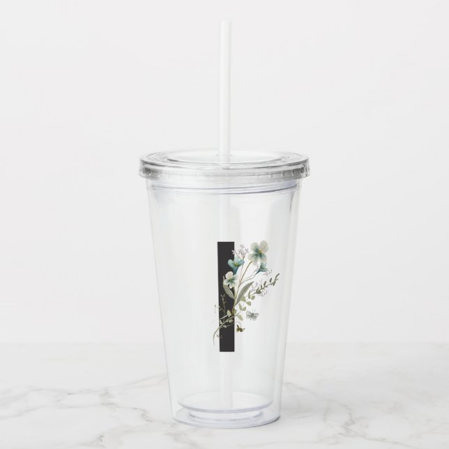 Watercolor Wildflower Bridesmaid Initial "I" Acrylic Tumbler (Front)