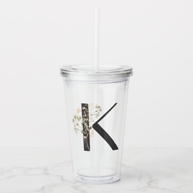 Watercolor Wildflower Bridesmaid Initial "K" Acrylic Tumbler (Front)