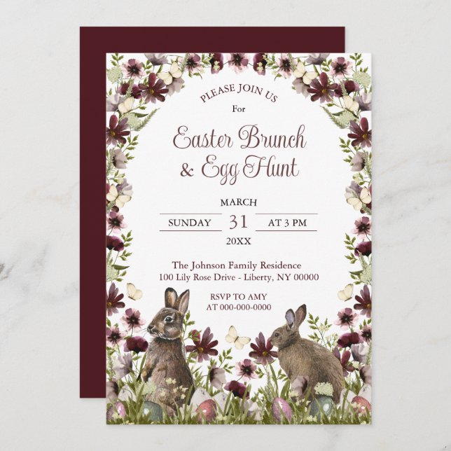 Watercolor Wildflower Bunnies Easter Sunday Brunch Invitation (Front/Back)
