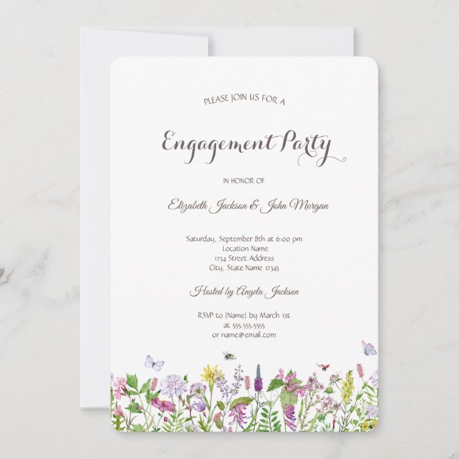 Watercolor Wildflower Butterflies Engagement  Invitation (Front)