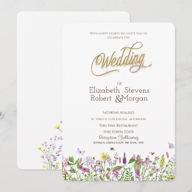 Watercolor Wildflower Butterflies Wedding Invitation (Front/Back)