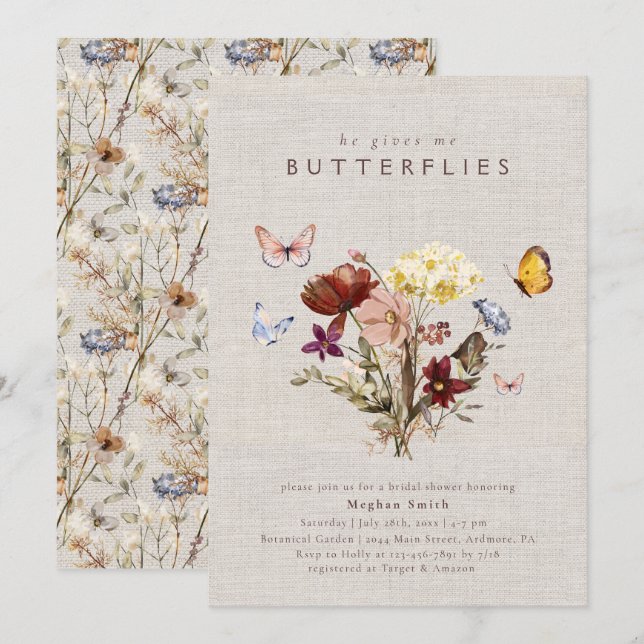 Watercolor Wildflower Butterfly Bridal Shower Invitation (Front/Back)