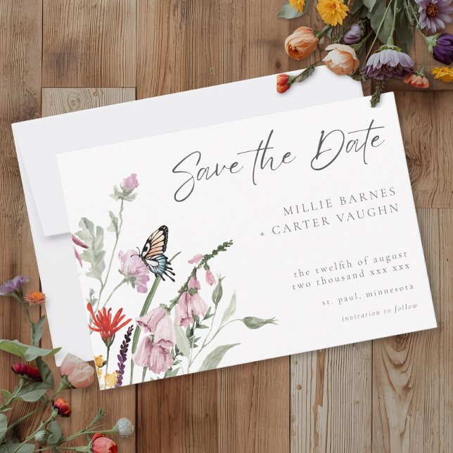 Watercolor Wildflower Butterfly Modern Wedding Save The Date (Creator Uploaded)