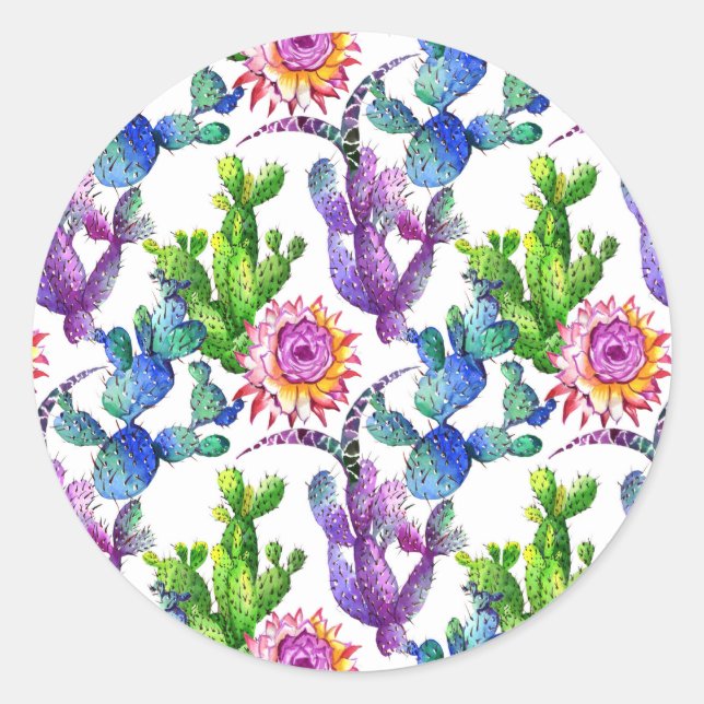 Watercolor Wildflower Cactus Pattern Classic Round Sticker (Front)
