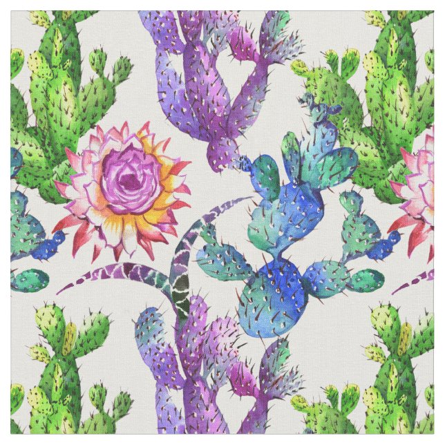 Watercolor Wildflower Cactus Pattern Fabric (Close Up)