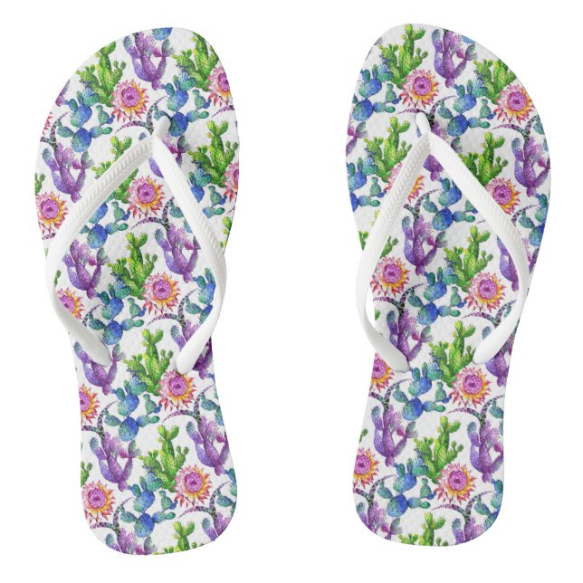 Watercolor Wildflower Cactus Pattern Flip Flops (Footbed)