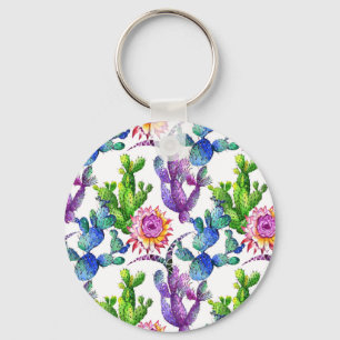 Watercolor Wildflower Cactus Pattern Key Ring