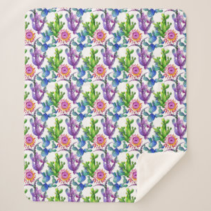 Watercolor Wildflower Cactus Pattern Sherpa Blanket