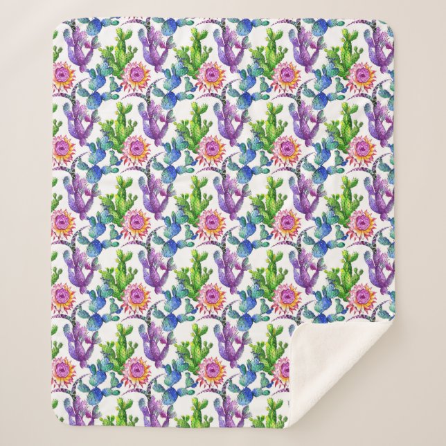 Watercolor Wildflower Cactus Pattern Sherpa Blanket (Front)