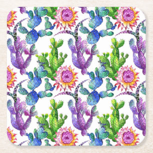 Watercolor Wildflower Cactus Pattern Square Paper Coaster