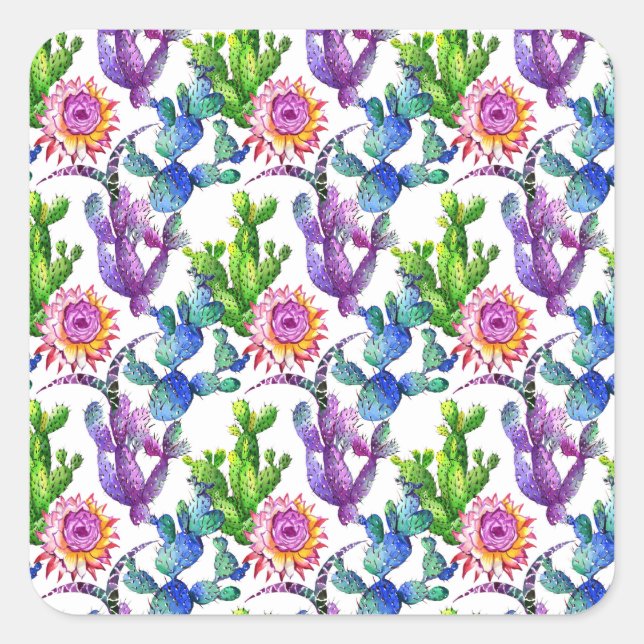 Watercolor Wildflower Cactus Pattern Square Sticker (Front)