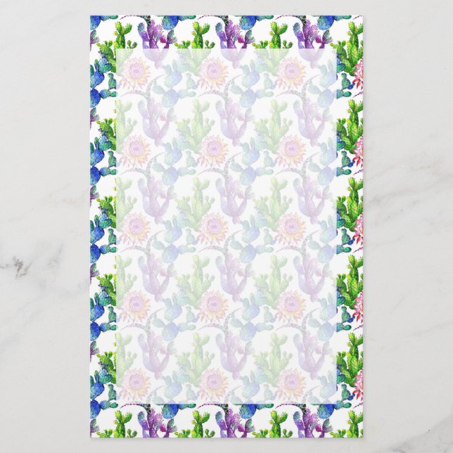 Watercolor Wildflower Cactus Pattern Stationery (Front)