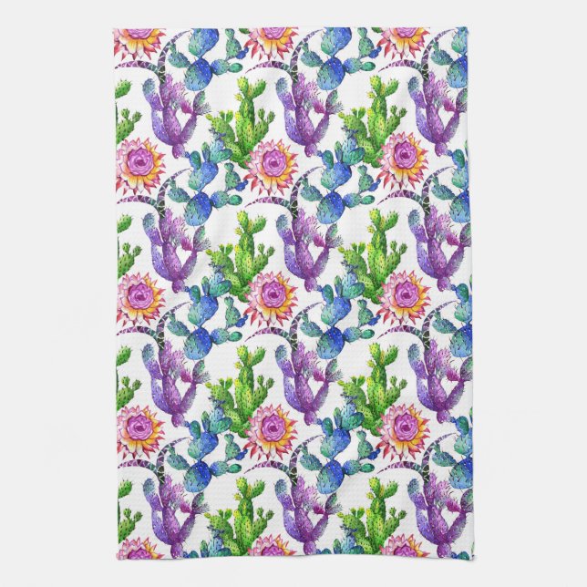 Watercolor Wildflower Cactus Pattern Tea Towel (Vertical)