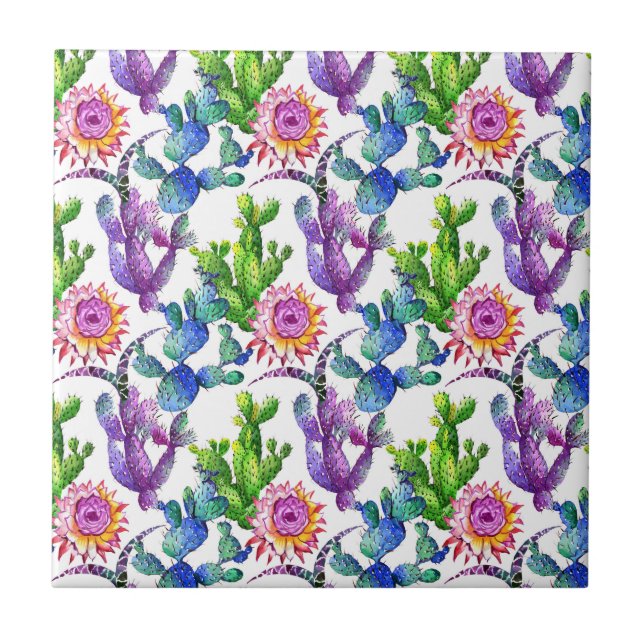 Watercolor Wildflower Cactus Pattern Tile (Front)
