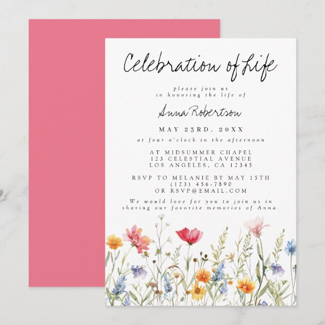 Watercolor Wildflower Celebration of Life Funeral Invitation (Front/Back)