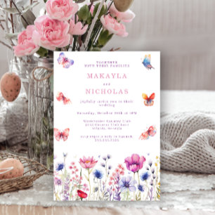 watercolor Wildflower colourful butterflies Weddin Invitation