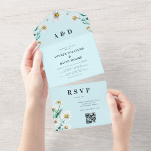 Watercolor Wildflower Daisy All in One Wedding Invitation