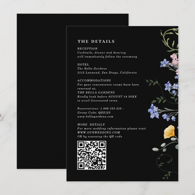 Watercolor Wildflower details & QR Code Wedding  Enclosure Card (Front/Back)