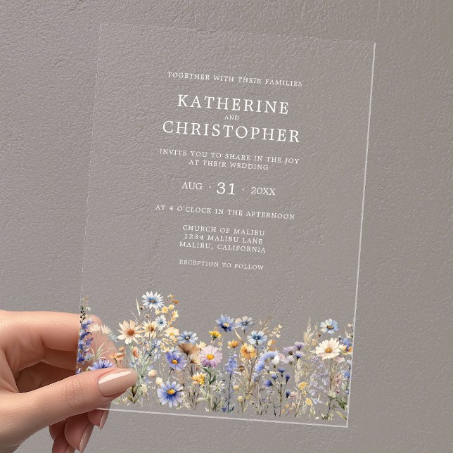 Watercolor Wildflower Elegant Dusty Blue Wedding Acrylic Invitations (BOHO Watercolor Wildflowers Elegant Dusty Blue Clear Acrylic Wedding Invitation with White Text.)