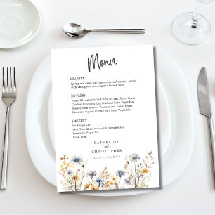 Watercolor Wildflower Elegant Dusty Blue Wedding Menu