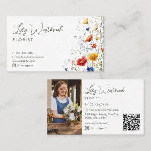 Watercolor Wildflower Elegant Script Photo QR Code Business Card