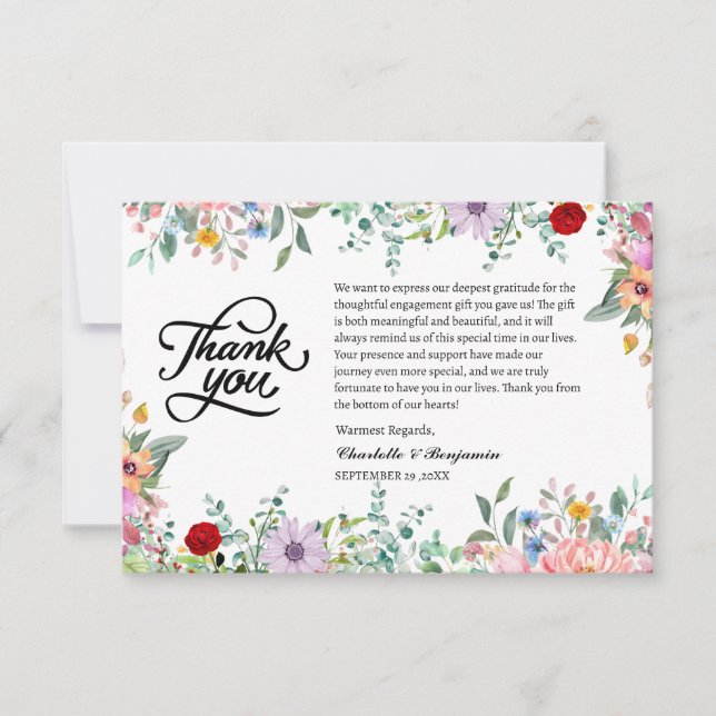 Watercolor Wildflower Engagement Gift Thank You Card (Front)