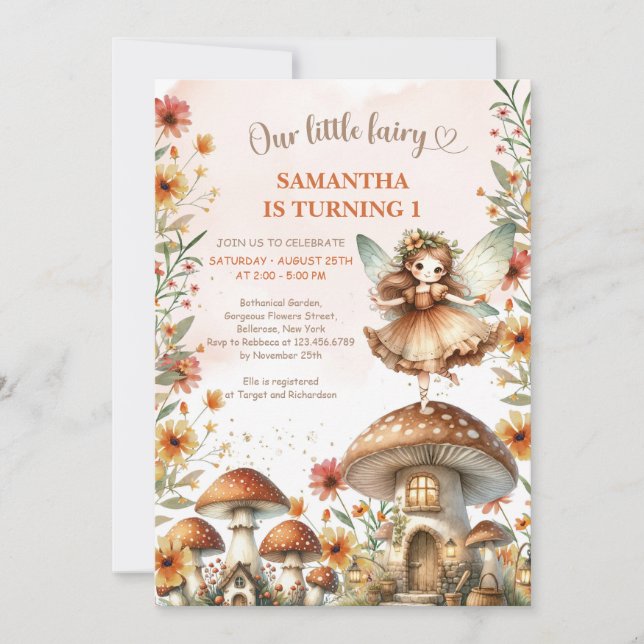 Watercolor Wildflower Fairy mushroom 1st Birthday  Invitation (Front)