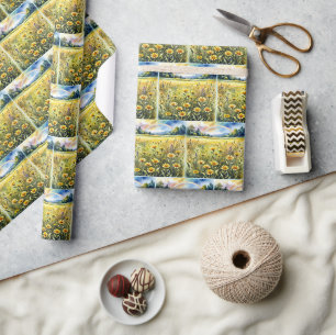Watercolor Wildflower Field with Rainbow Wrapping Paper