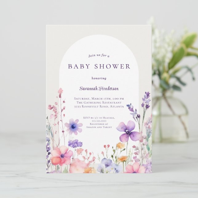 Watercolor Wildflower Floral Baby Shower Invitation (Standing Front)